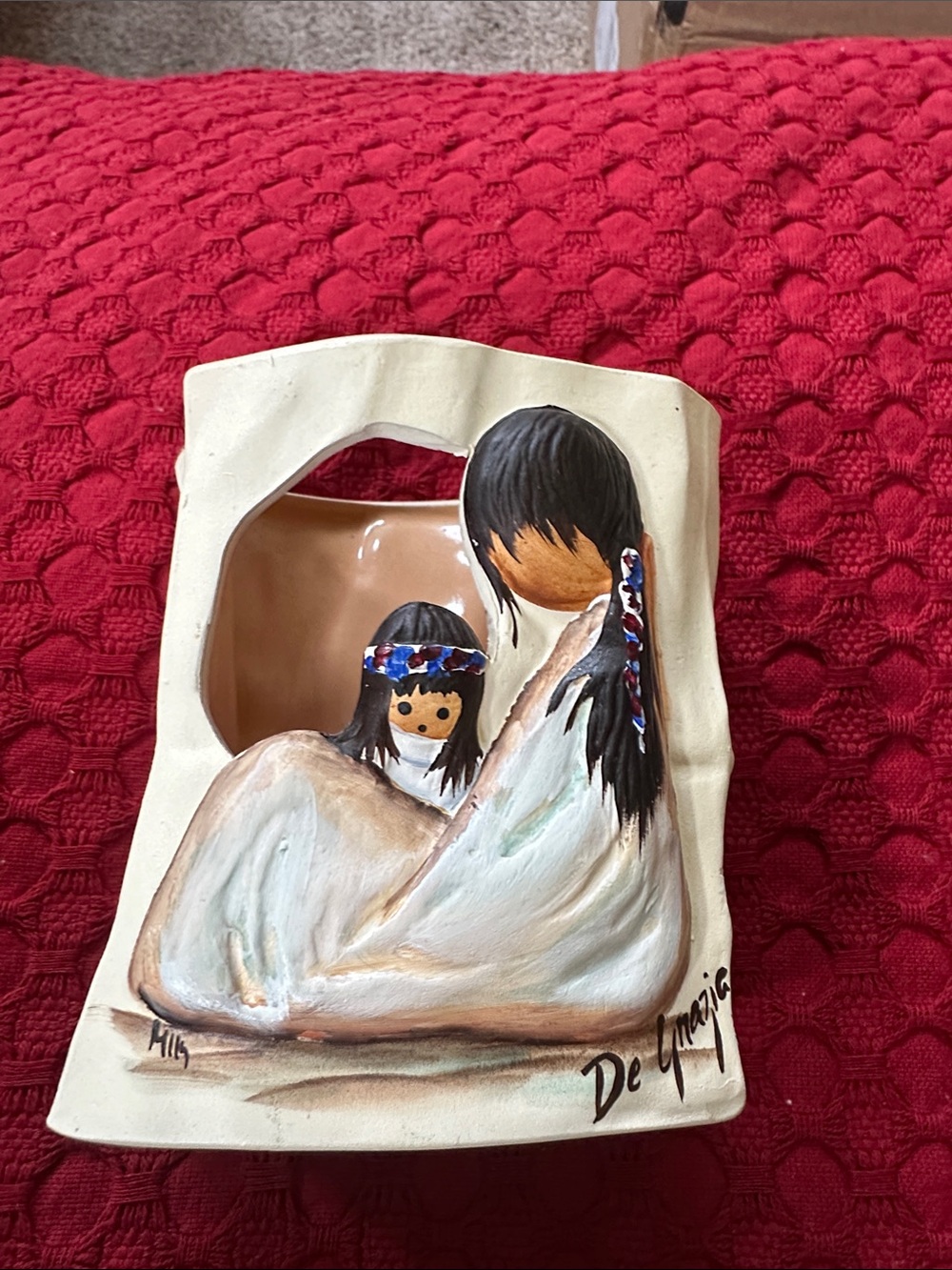 Hand-Painted Native Mother & Child Ceramic D Grazie accent piece